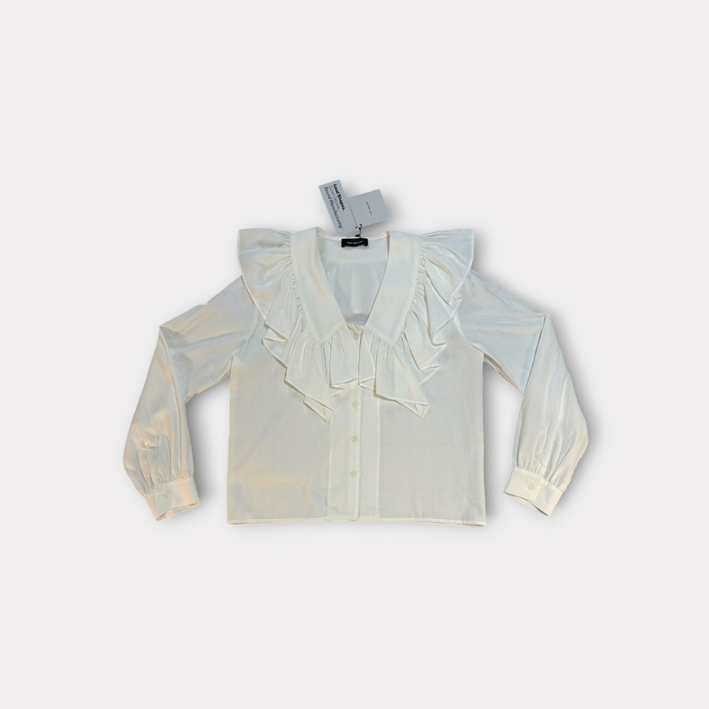 Toit Volant Ruffle Collar Blouse Cream 100% Cotton Puff Sleeve S NWT